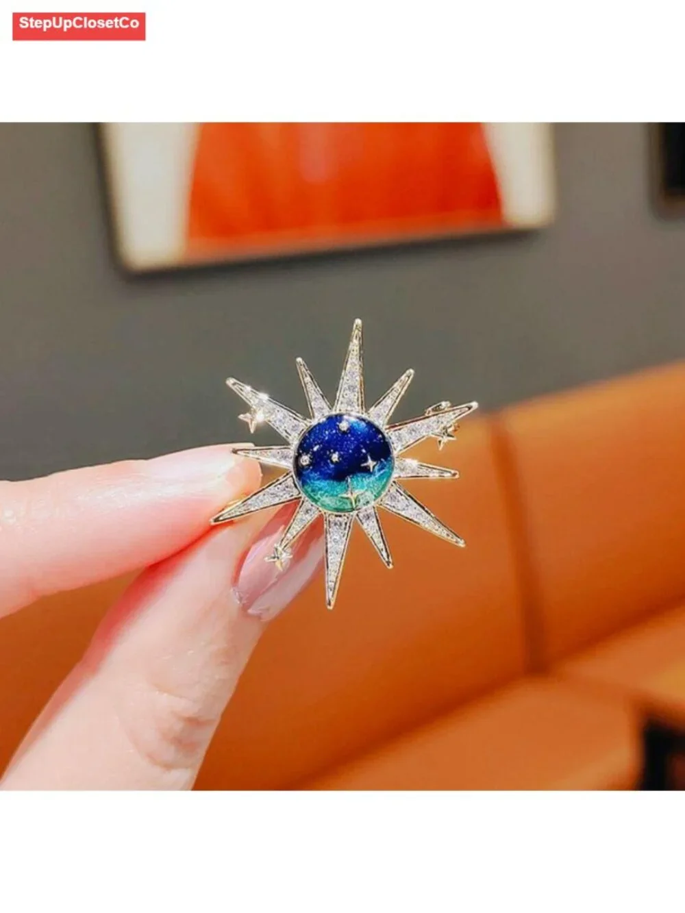 Dainty Sun and Stars Brooch Pin with Cubic Zirconia Crystal